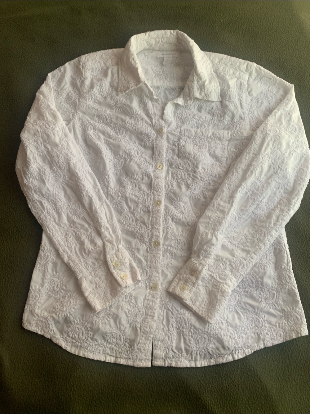 Charter Club white embroidered paisley long sleeve button down shirt. Size 8.